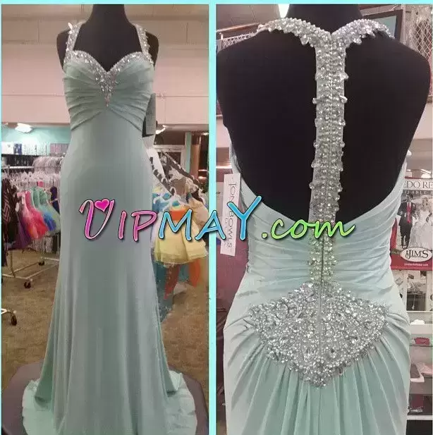 Shining Baby Blue Sleeveless Sweep Train Beading With Train Formal Evening Gowns