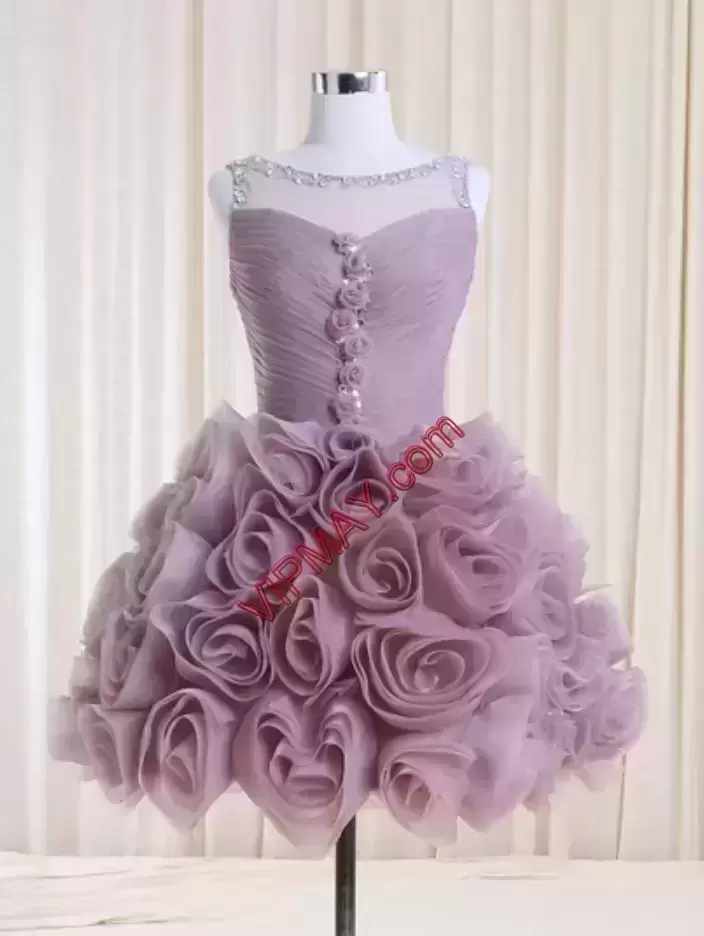 Sleeveless Mini Length Beading and Ruffles and Hand Made Flower Lace Up Prom Dresses with Purple