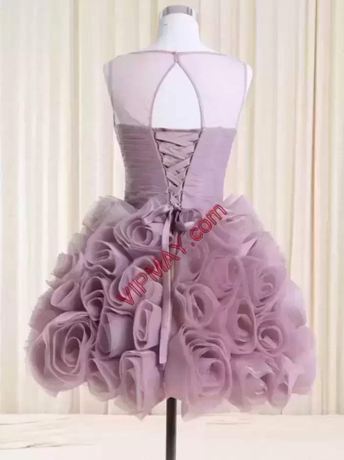 Sleeveless Mini Length Beading and Ruffles and Hand Made Flower Lace Up Prom Dresses with Purple