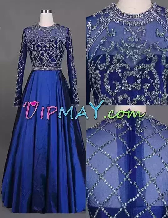 Royal Blue Zipper Prom Dresses Beading Long Sleeves Floor Length