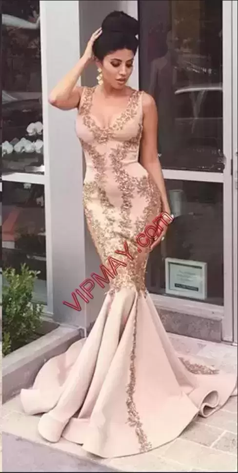 Stunning Floor Length Mermaid Sleeveless Pink Dress for Prom Brush Train Zipper