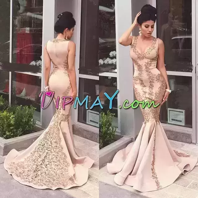 Stunning Floor Length Mermaid Sleeveless Pink Dress for Prom Brush Train Zipper