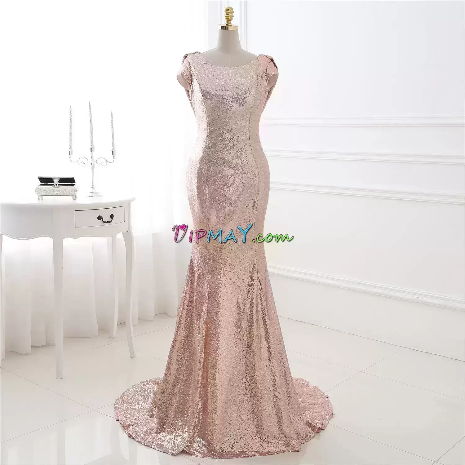 Pink Sequined Sweep Train Sleeveless Sequins Prom Dress