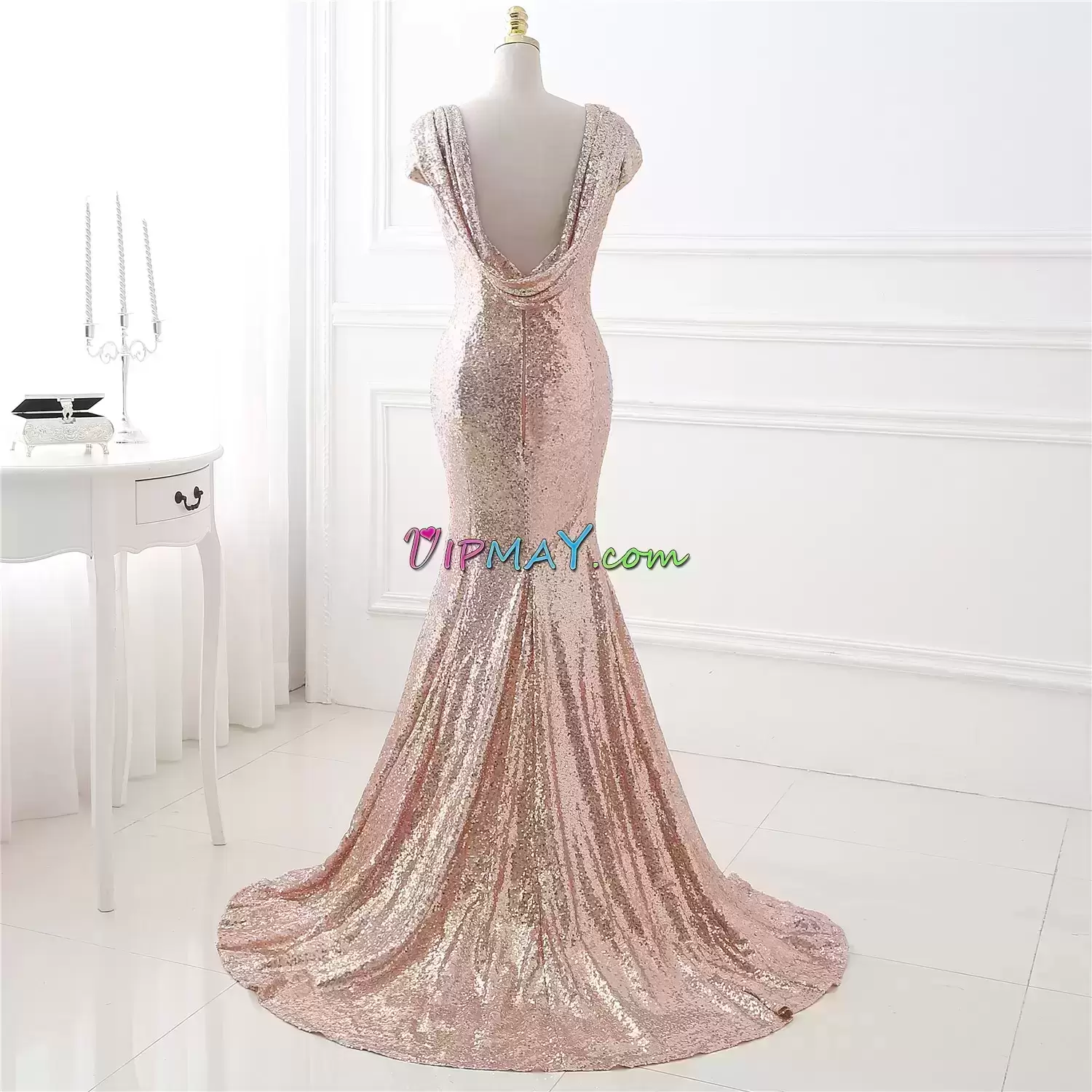 Pink Sequined Sweep Train Sleeveless Sequins Prom Dress