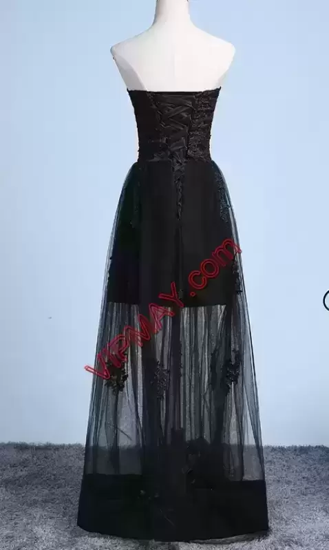 Glamorous Sweetheart Sleeveless Evening Dress Floor Length Sweep Train Beading and Lace Black Satin