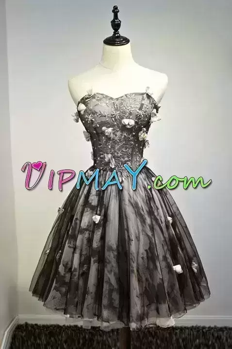 New Style Black Tulle Lace Up Sweetheart Sleeveless Mini Length Evening Dress Beading and Appliques and Hand Made Flower