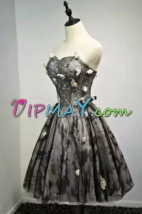 New Style Black Tulle Lace Up Sweetheart Sleeveless Mini Length Evening Dress Beading and Appliques and Hand Made Flower