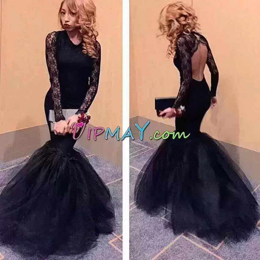 Black V-neck Backless Lace Dress for Prom Brush Train Long Sleeves