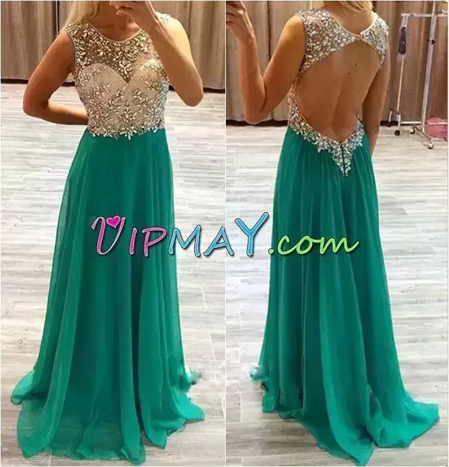 Scoop Sleeveless Homecoming Dress Sweep Train Beading Green Chiffon