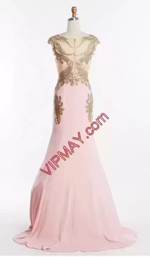 Super Red and Pink Zipper Prom Gown Beading Sleeveless Sweep Train