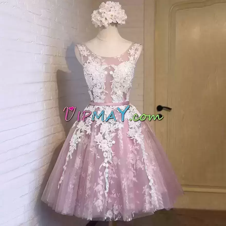 Pink Sleeveless Mini Length Appliques and Belt Lace Up Homecoming Dress Scoop