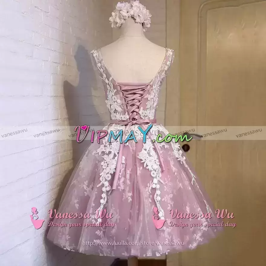 Pink Sleeveless Mini Length Appliques and Belt Lace Up Homecoming Dress Scoop