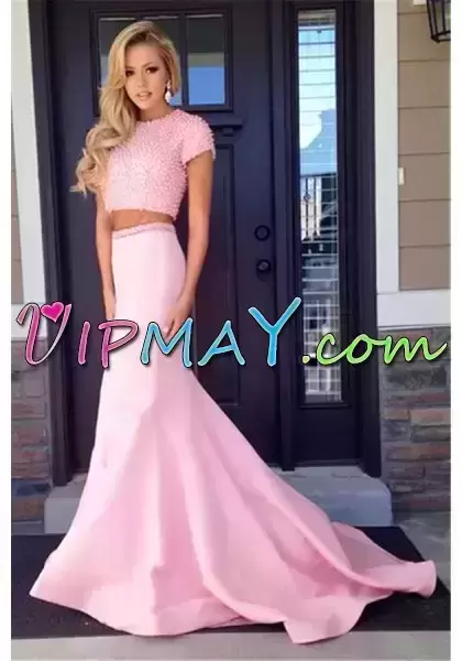 Pink Satin Zipper Scoop Short Sleeves Homecoming Dress Sweep Train Beading