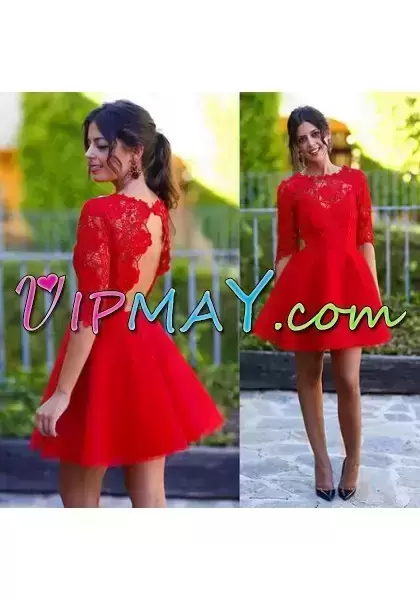 Red Scoop Backless Lace Evening Dress Half Sleeves