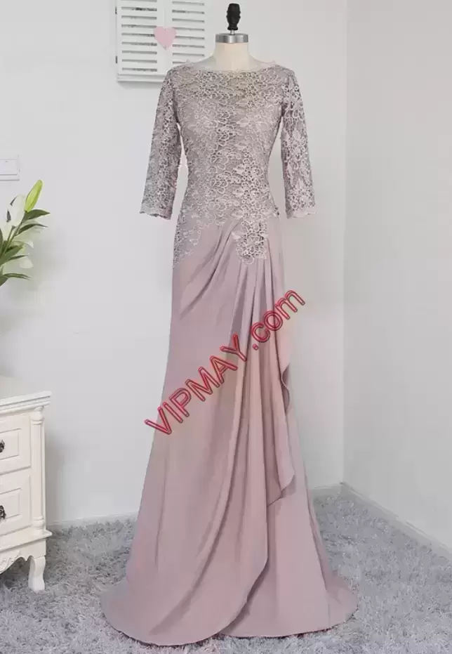 Eye-catching Floor Length Pink Homecoming Dress Scoop Half Sleeves Zipper