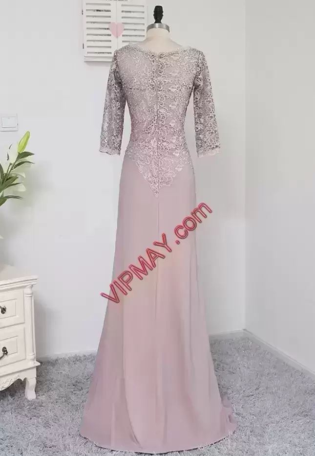 Eye-catching Floor Length Pink Homecoming Dress Scoop Half Sleeves Zipper