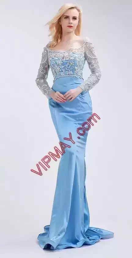 Glamorous Mermaid Prom Dresses Baby Blue Scalloped Satin Long Sleeves Floor Length Zipper