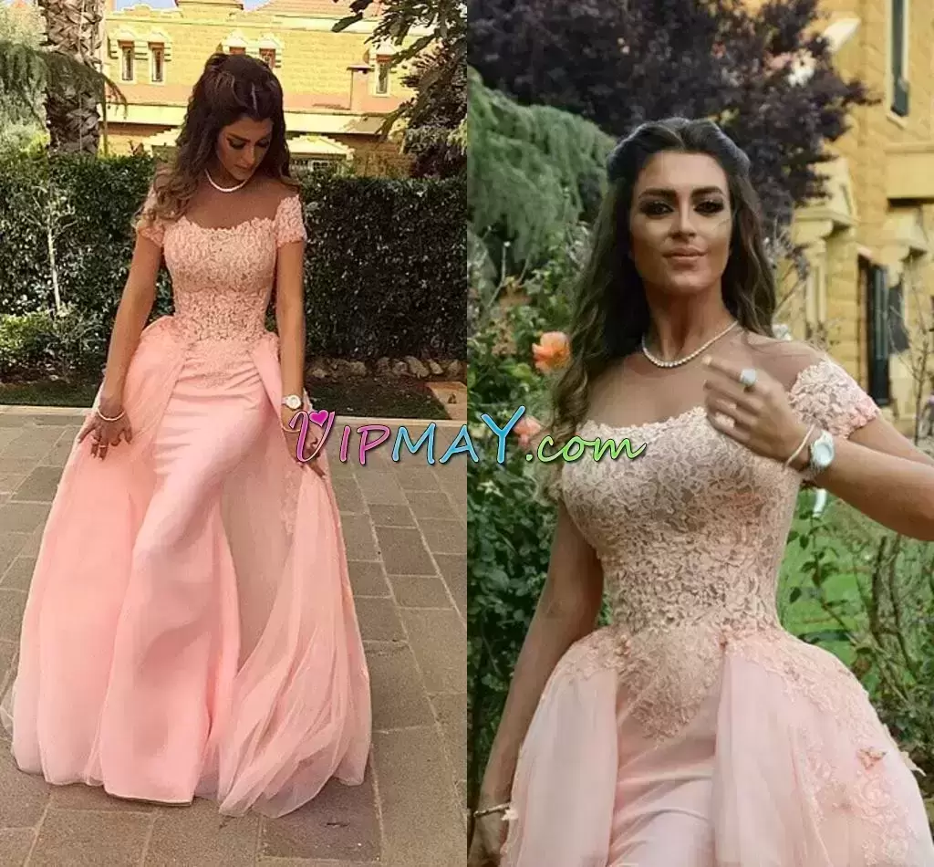 Pink Short Sleeves Floor Length Lace Lace Up Homecoming Party Dress Off The Shoulder