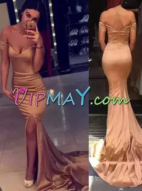 Fitting Gold Mermaid Satin Off The Shoulder Sleeveless Ruching Zipper Homecoming Dress Online Sweep Train