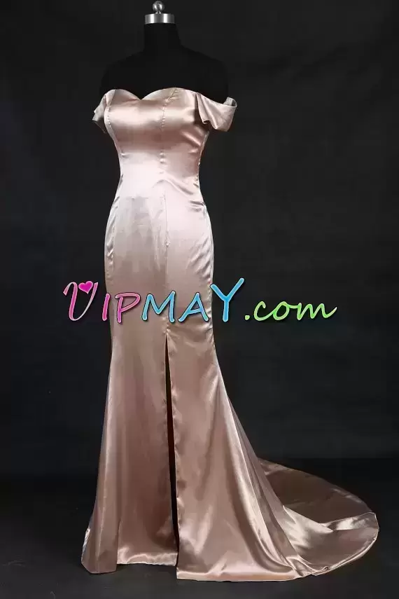 Fitting Gold Mermaid Satin Off The Shoulder Sleeveless Ruching Zipper Homecoming Dress Online Sweep Train