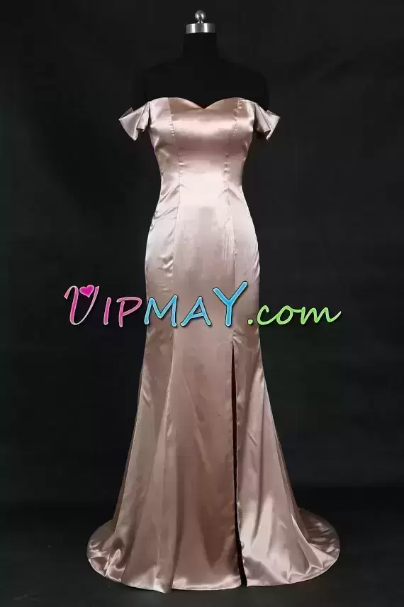 Fitting Gold Mermaid Satin Off The Shoulder Sleeveless Ruching Zipper Homecoming Dress Online Sweep Train