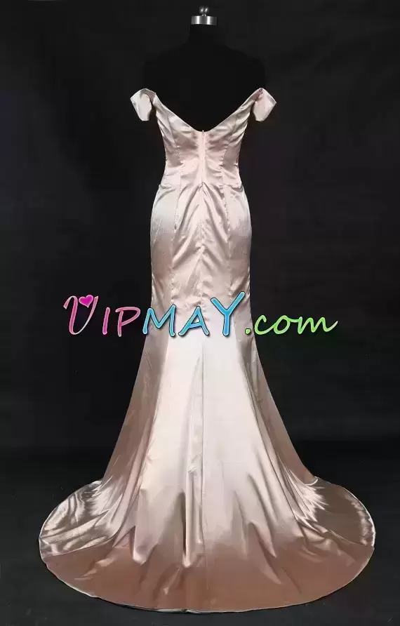 Fitting Gold Mermaid Satin Off The Shoulder Sleeveless Ruching Zipper Homecoming Dress Online Sweep Train