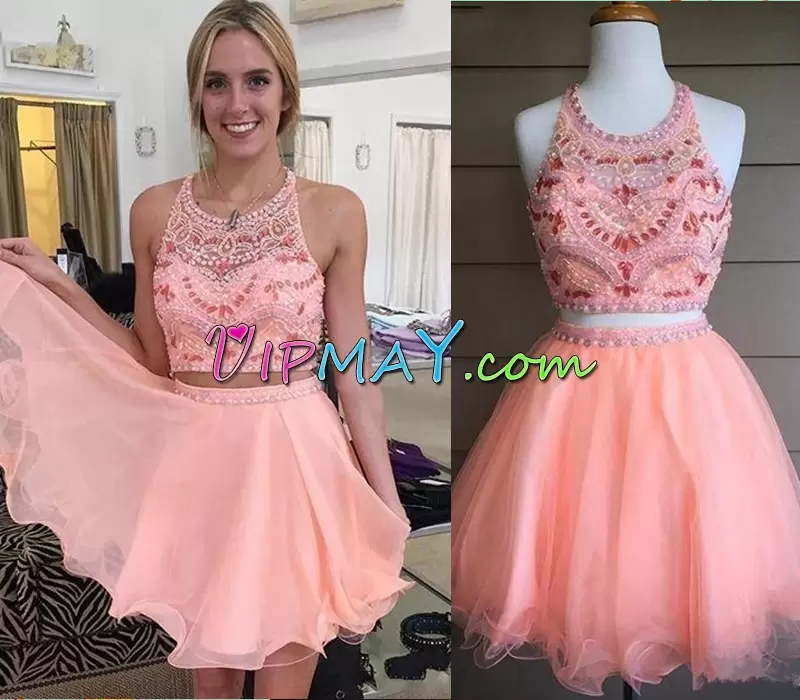 Popular Peach Sleeveless Mini Length Beading Halter Top