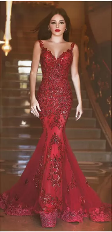 Long Mermaid Junior Homecoming Dress Sweep Train Beading and Lace Red Tulle