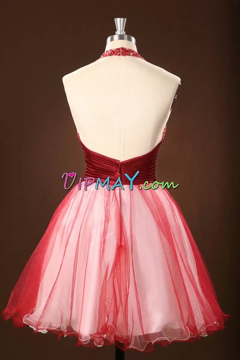 Two Tones Halter Top Open Back Short Prom Gown with Beading Sequins and Belt