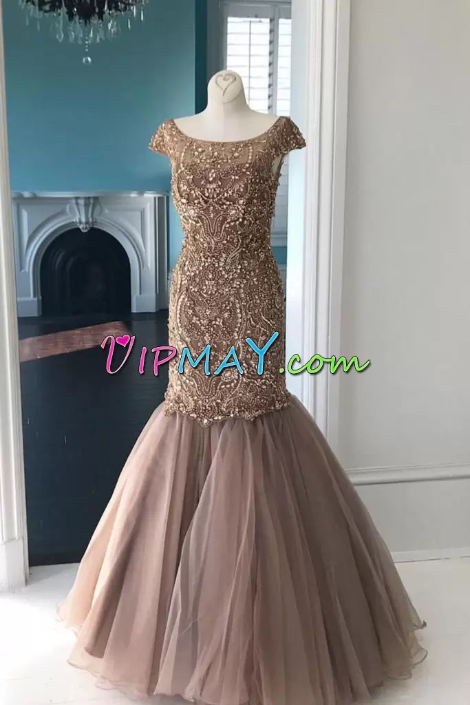 Top Selling Cap Sleeves Scoop Lace Up Floor Length Beading Homecoming Dress Scoop