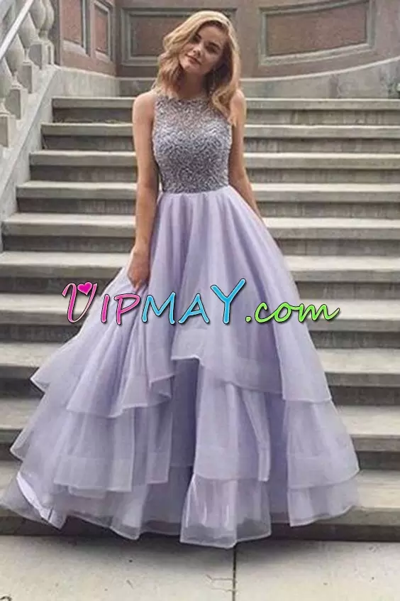 Lilac Sleeveless Satin and Organza Sweep Train Illusion Evening Dress for Prom and Homecoming