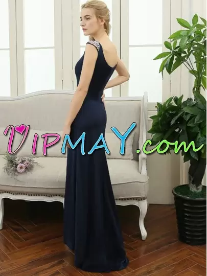 New Arrival Long Sleeves Satin Floor Length Lace Up Prom Homecoming Dress in Blue and Navy Blue with Beading and Lace