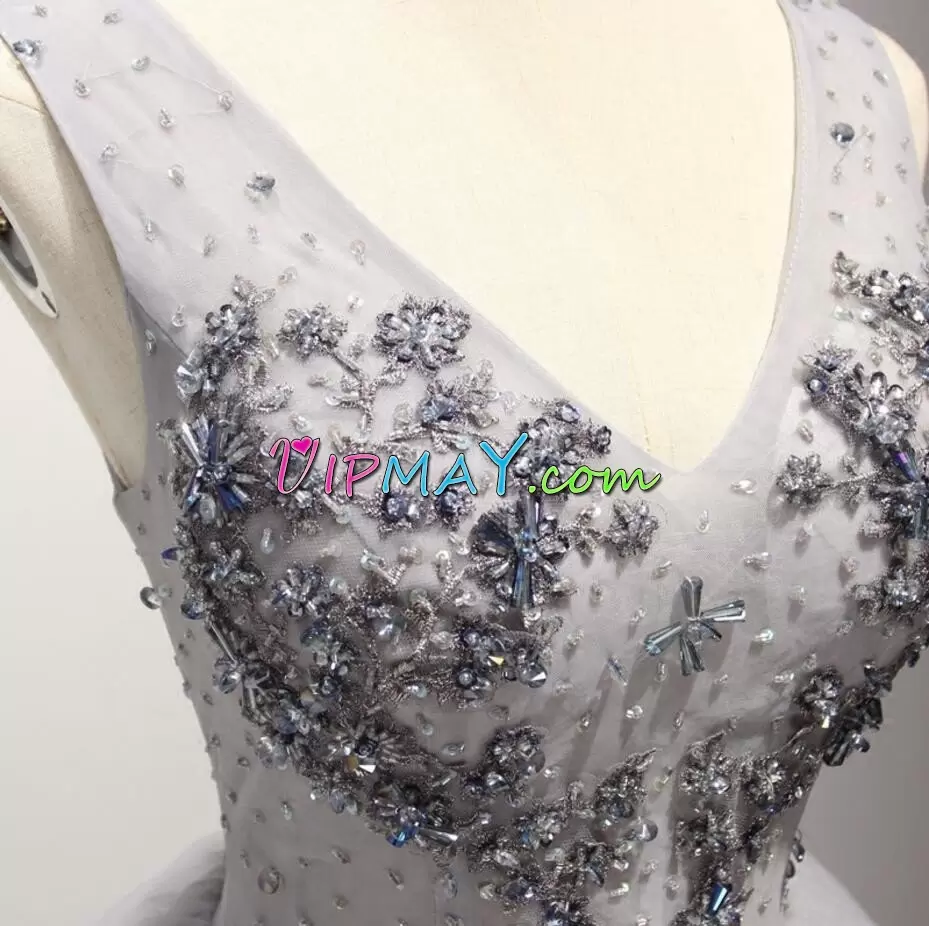 Best V-neck Sleeveless Mini Length Beading Grey Tulle Short Illusion Prom Dress