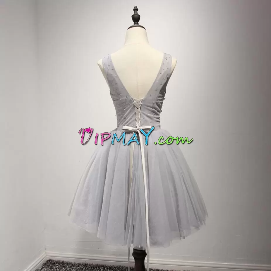 Best V-neck Sleeveless Mini Length Beading Grey Tulle Short Illusion Prom Dress