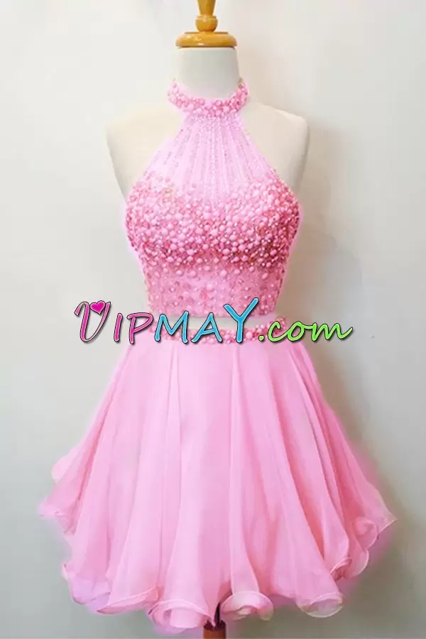 Best Selling Pink Halter Top Lace Up Beading Homecoming Dresses Sleeveless