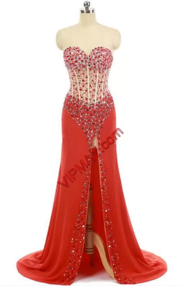 Red Evening Dress Sweetheart Sleeveless Brush Train Zipper