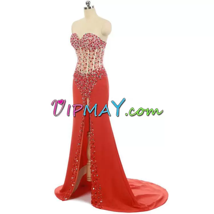 Red Evening Dress Sweetheart Sleeveless Brush Train Zipper