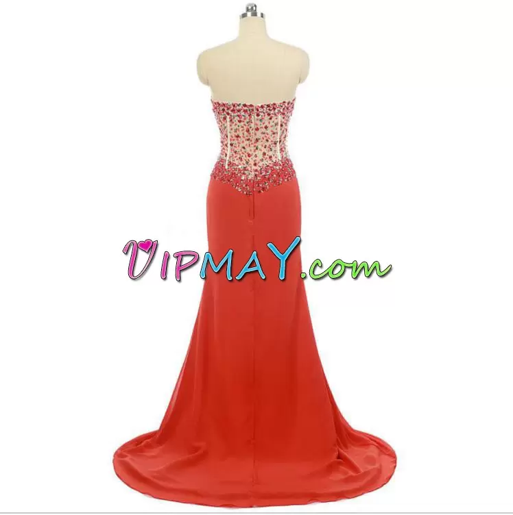 Red Evening Dress Sweetheart Sleeveless Brush Train Zipper