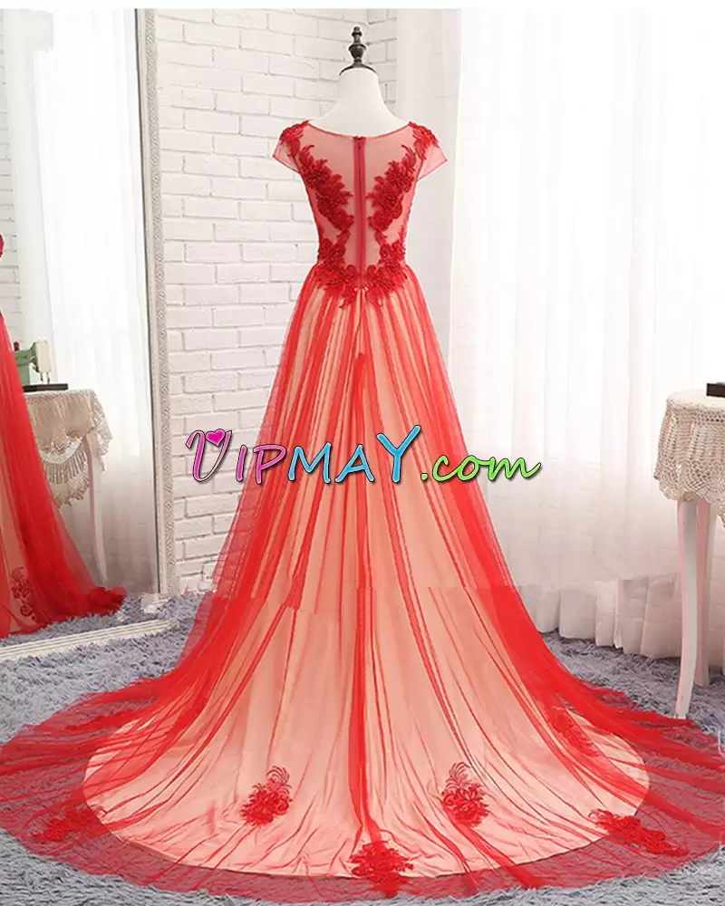 Zipper Evening Dress Red for Prom and Party with Appliques Brush Train