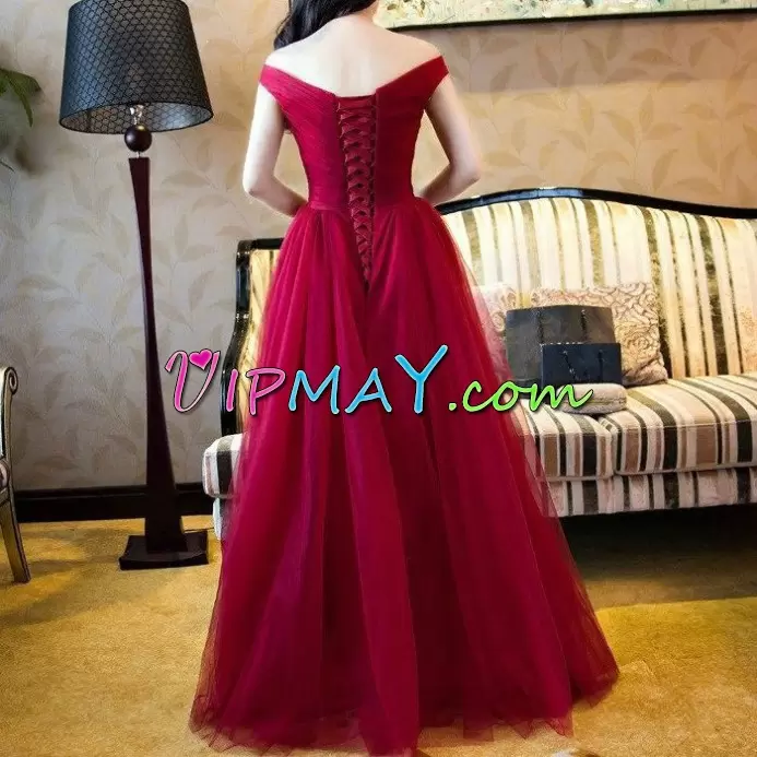 Glamorous Sleeveless Tulle Floor Length Lace Up Evening Gowns in Burgundy with Ruching