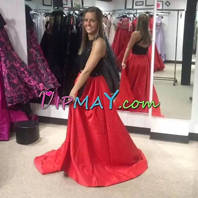 Custom Made Two Pieces Sleeveless Red And Black Dress for Prom Sweep Train Zipper