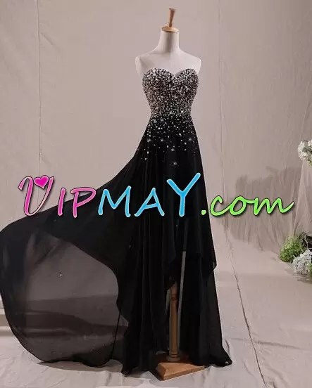 Customized Satin and Chiffon Sleeveless Floor Length Homecoming Dress Sweep Train and Beading and Lace