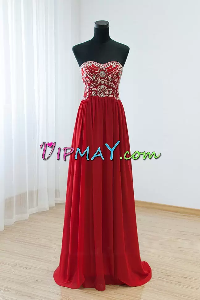 Gorgeous Floor Length White and Red Homecoming Dresses Satin and Chiffon Sweep Train Sleeveless Beading and Lace