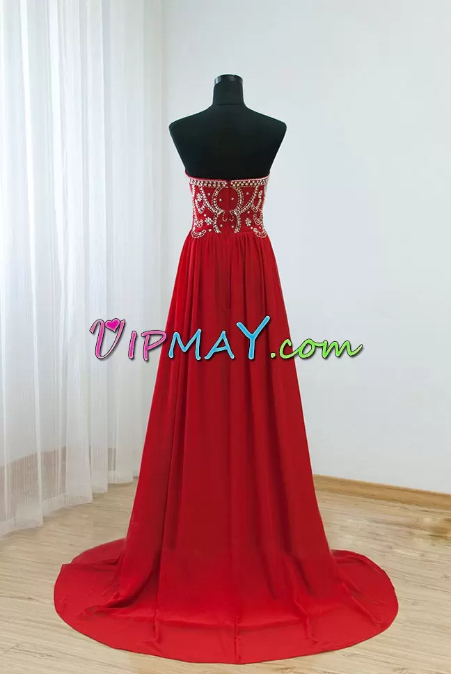 Gorgeous Floor Length White and Red Homecoming Dresses Satin and Chiffon Sweep Train Sleeveless Beading and Lace