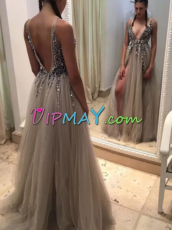 Pretty Floor Length A-line Sleeveless Grey Homecoming Dress Backless