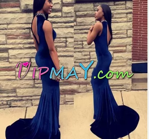 Blue Mermaid High-neck Sleeveless Beading Backless Homecoming Gowns Sweep Train