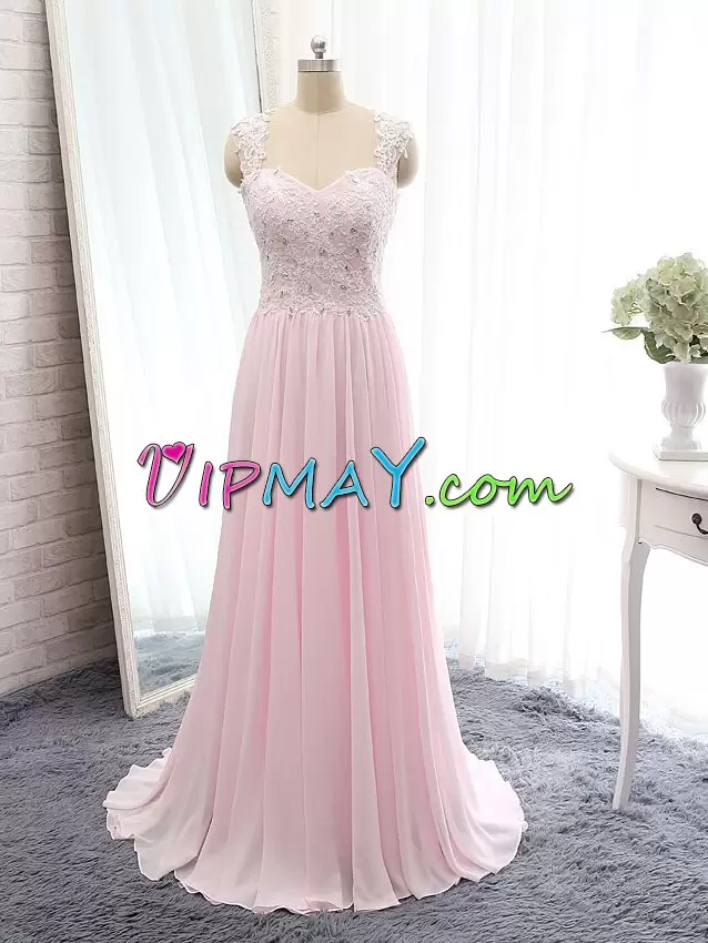 Appliques Prom Evening Gown Pink Side Zipper Sleeveless Floor Length