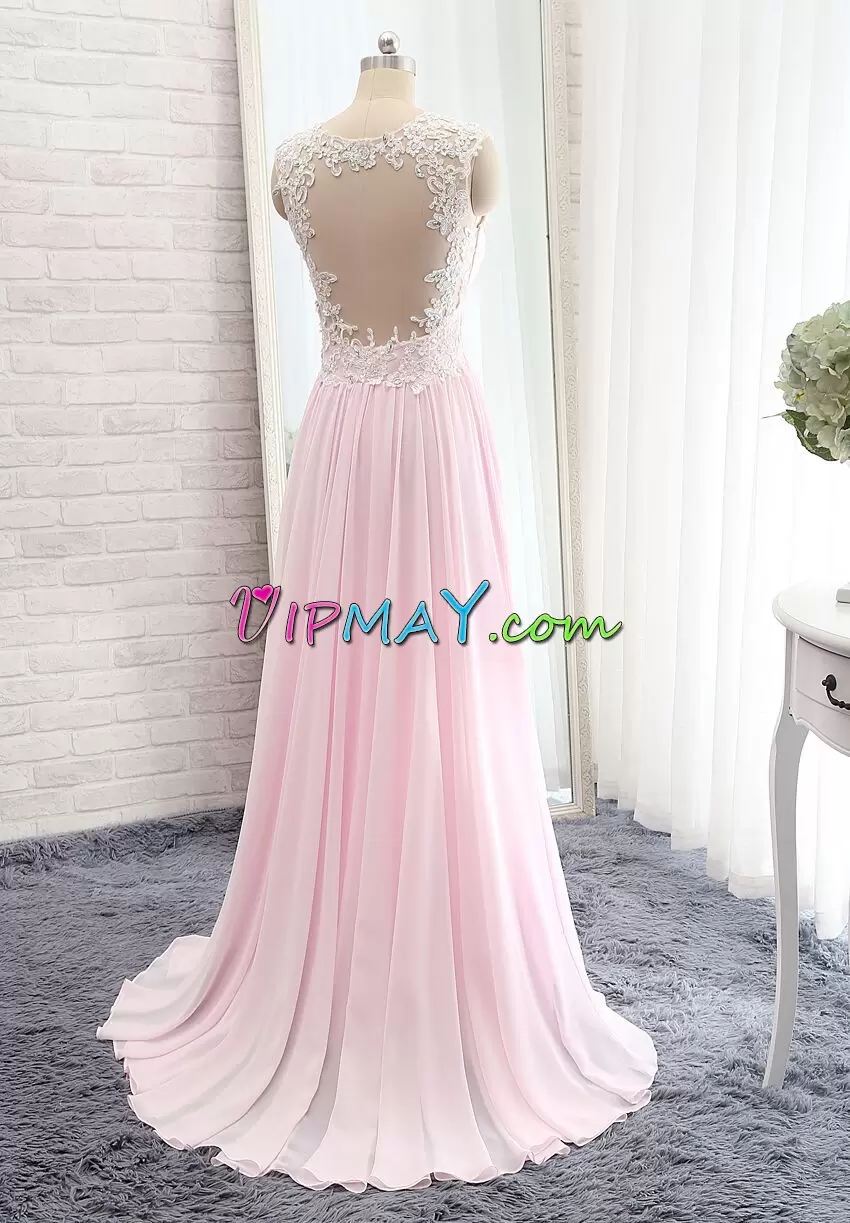Appliques Prom Evening Gown Pink Side Zipper Sleeveless Floor Length