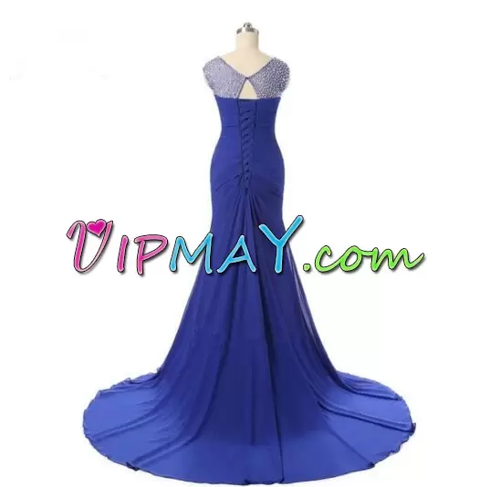 Beauteous Straps Sleeveless Chiffon Prom Dresses Beading and Ruching Brush Train Lace Up