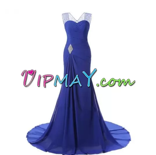 Beauteous Straps Sleeveless Chiffon Prom Dresses Beading and Ruching Brush Train Lace Up